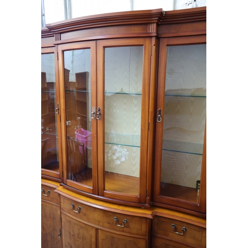 1072 - Burr Walnut Bow Front Display Cabinet Glass Shelves Covered Base Cross Bounded Decoration Drawers to... 