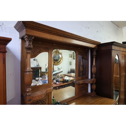 1073 - Edwardian Oak Sideboard Mirrored Back Various Drawers and Cupboards Approximately 6ft Wide x 7ft 4 I... 