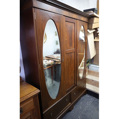 1074 - Edwardian Mahogany Twin Door Wardrobe Inset Oval Mirrored Doors Approximately 5ft 6 Inches Wide x 6f... 