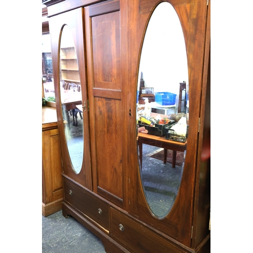 1074 - Edwardian Mahogany Twin Door Wardrobe Inset Oval Mirrored Doors Approximately 5ft 6 Inches Wide x 6f... 