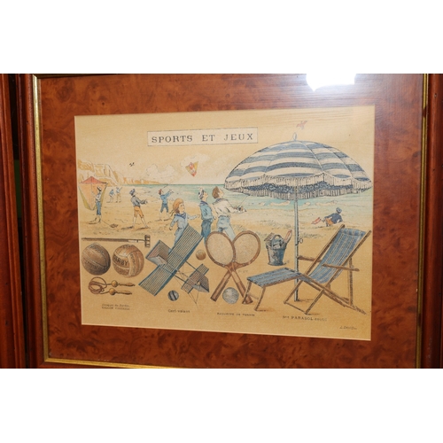 1080 - Walnut Framed French Seaside Lithographs Each Titled Sports et Jeux Each Approximately 10 Inches Hig... 