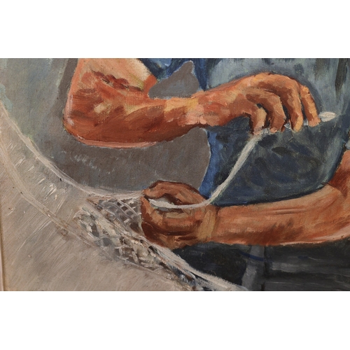 1081 - Tory Island Fisherman Repairing Nets Oil on Board Approximately 14 Inches High x 9 Inches Wide Exhib... 