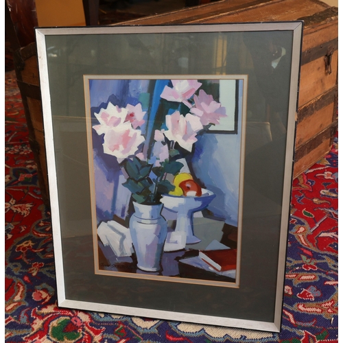 1082 - John Skelton Dark Roses in White Vase Dated 1982 Oil on Board Signed Lower Left and Titled Verso App... 