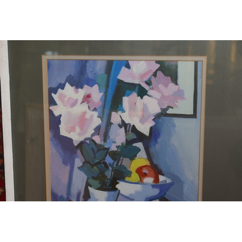 1082 - John Skelton Dark Roses in White Vase Dated 1982 Oil on Board Signed Lower Left and Titled Verso App... 