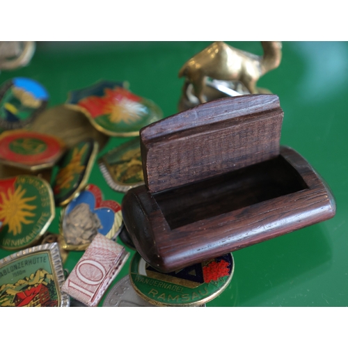 1084 - Various Items Photographed Individually Including Lapel Pins on a Desk Box and Silver Mounted Snuff ... 