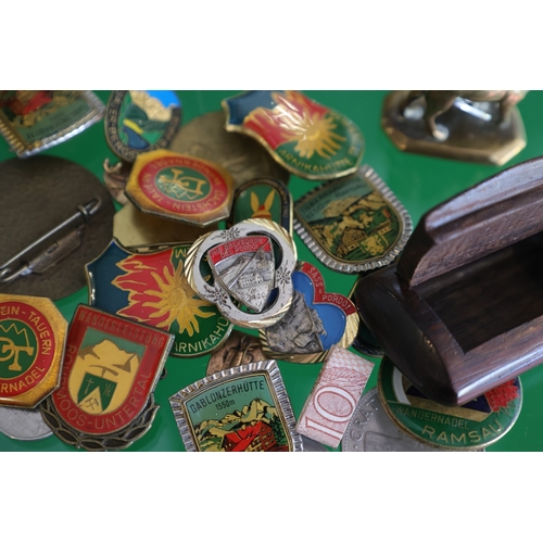 1084 - Various Items Photographed Individually Including Lapel Pins on a Desk Box and Silver Mounted Snuff ... 