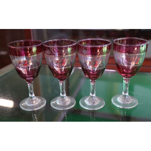 1088 - Pair of Cut Crystal Decanters with Stoppers and Four Ruby Glass Crystal Goblets Decanters Approximat... 