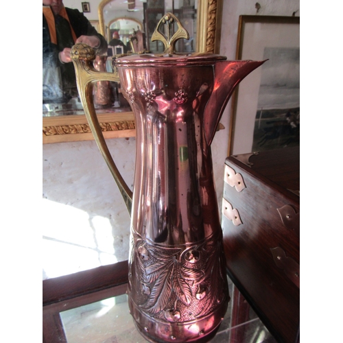 1109 - American Antique Copper Table Pitcher of Turned Tapering Form with Cast Brass Handle Approximately 1... 