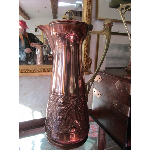 1109 - American Antique Copper Table Pitcher of Turned Tapering Form with Cast Brass Handle Approximately 1... 