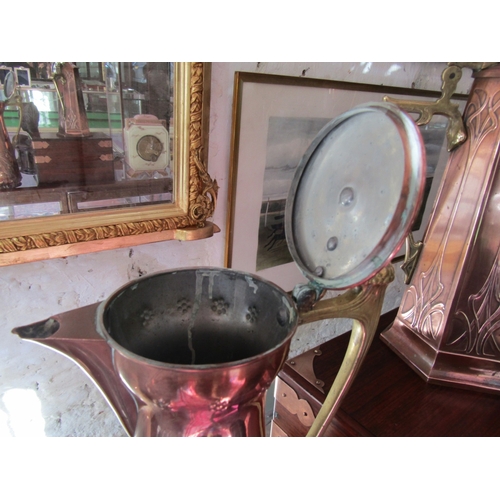 1109 - American Antique Copper Table Pitcher of Turned Tapering Form with Cast Brass Handle Approximately 1... 