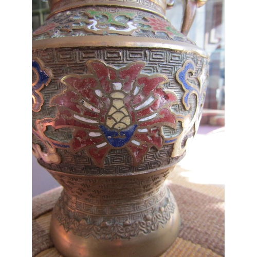 1120 - Eastern Cloisonne Decorated Bronze Vase with Attractive Chased Desk Pen Rest Tallest Approximately 1... 