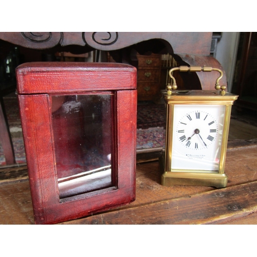 1121 - Leather Cased Brass Bound Carriage Clock Working with Key 6 Inches High Including Case