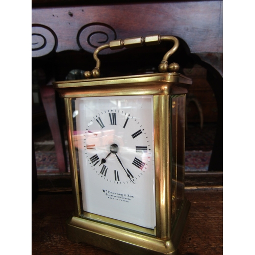 1121 - Leather Cased Brass Bound Carriage Clock Working with Key 6 Inches High Including Case