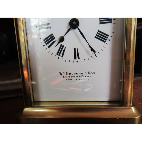 1121 - Leather Cased Brass Bound Carriage Clock Working with Key 6 Inches High Including Case