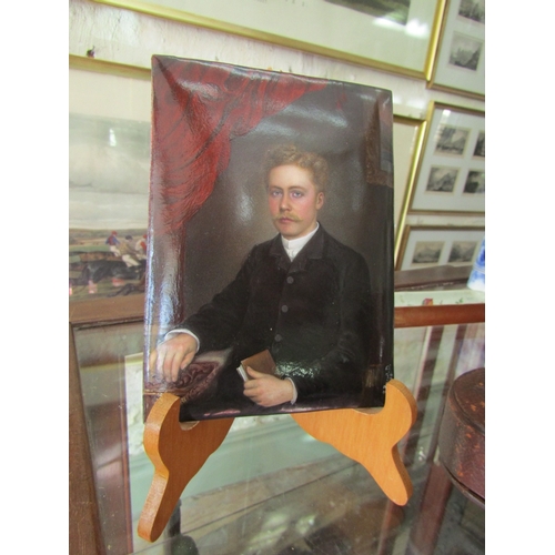 1128 - 19th Century Portrait of gentlemen Painted on a Metal H 7� x W 5� Dated 1885 Signed S Bawd D