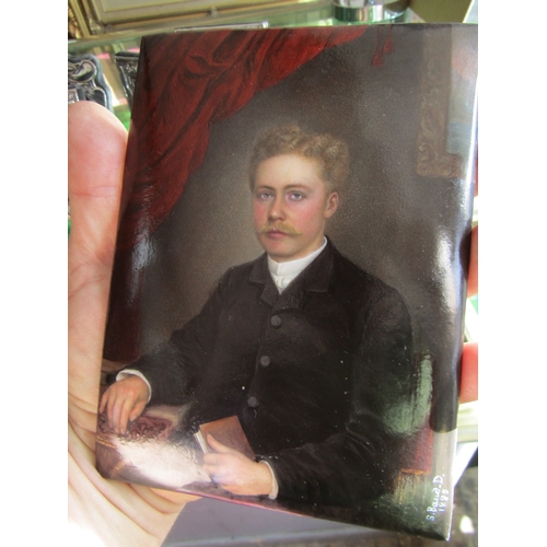 1128 - 19th Century Portrait of gentlemen Painted on a Metal H 7� x W 5� Dated 1885 Signed S Bawd D