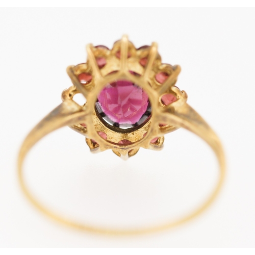 113 - Red Garnet Set Ladies Cluster Ring Mounted in 9 Carat Yellow Gold Ring Size N Note One Stone Lacking