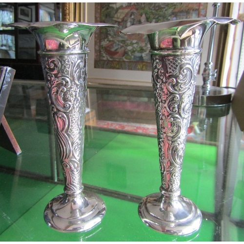 1133 - Pair of Silver Tapering Pedestal Form Stem Vases Embossed Decoration Each Approximately  8 Inches Hi... 