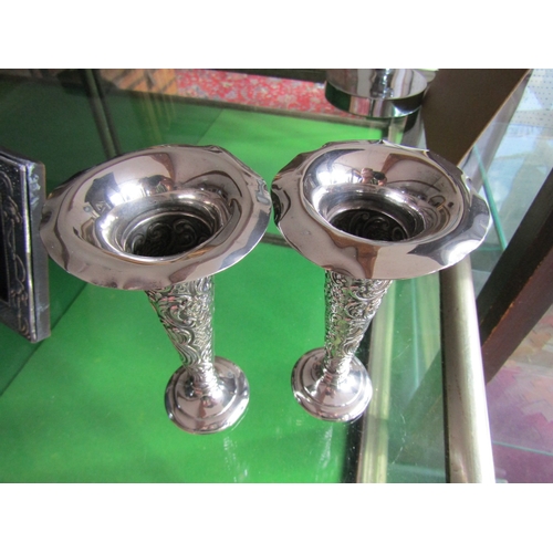 1133 - Pair of Silver Tapering Pedestal Form Stem Vases Embossed Decoration Each Approximately  8 Inches Hi... 