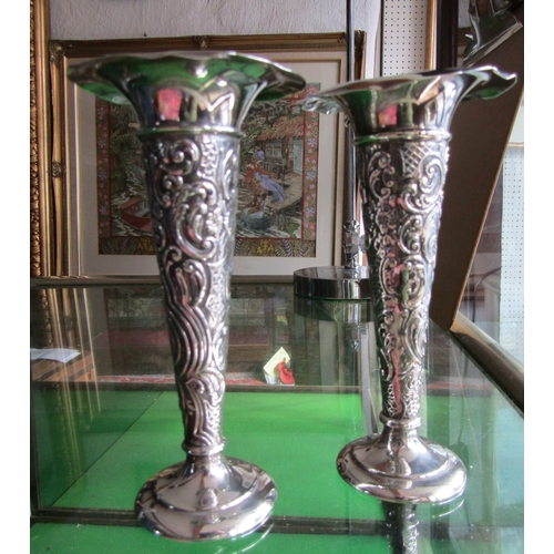 1133 - Pair of Silver Tapering Pedestal Form Stem Vases Embossed Decoration Each Approximately  8 Inches Hi... 