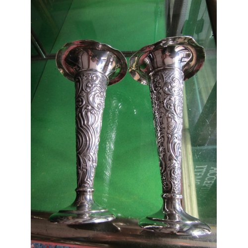 1133 - Pair of Silver Tapering Pedestal Form Stem Vases Embossed Decoration Each Approximately  8 Inches Hi... 