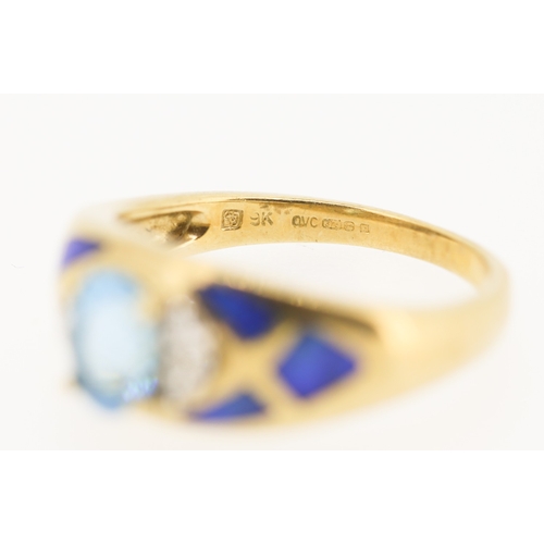 118 - Finely Detailed Blue Topaz Set Ring Diamond Insets to Shoulders Enamel Decorated Mounted in 9 Carat ... 