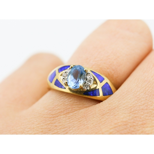 118 - Finely Detailed Blue Topaz Set Ring Diamond Insets to Shoulders Enamel Decorated Mounted in 9 Carat ... 