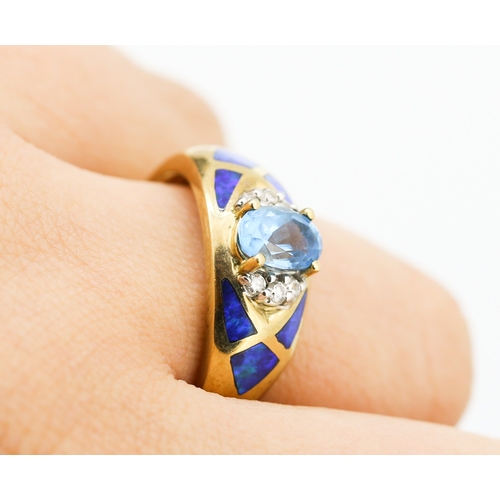 118 - Finely Detailed Blue Topaz Set Ring Diamond Insets to Shoulders Enamel Decorated Mounted in 9 Carat ... 