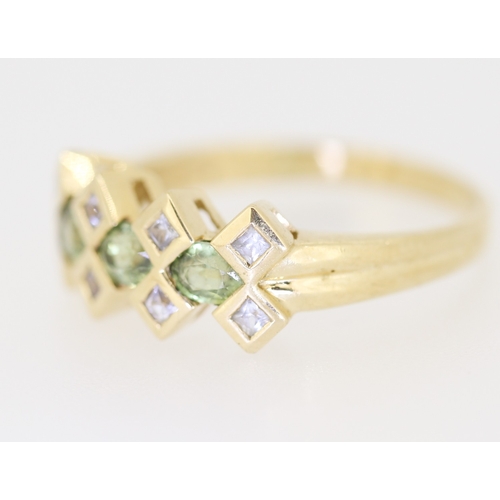 120 - Unusual Form Green Amethyst and Diamond Set Cluster Ring Mounted in 9 Carat Yellow Gold Ring Size P