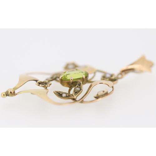 121 - Peridot and Seed Pearl Set Pendant Mounted in 9 Carat Yellow Gold 3cm High