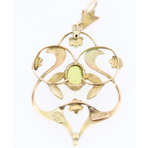 121 - Peridot and Seed Pearl Set Pendant Mounted in 9 Carat Yellow Gold 3cm High