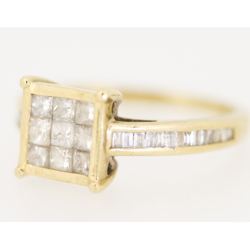 122 - Princess Cut Diamond Cluster Set Ring with Further Baguette Cut Diamonds Set to Shoulders Mounted in... 