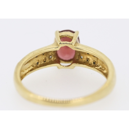 133 - Garnet Set Ring Mounted in 9 Carat Yellow Gold Further Diamond Insets to Shoulders Ring Size N