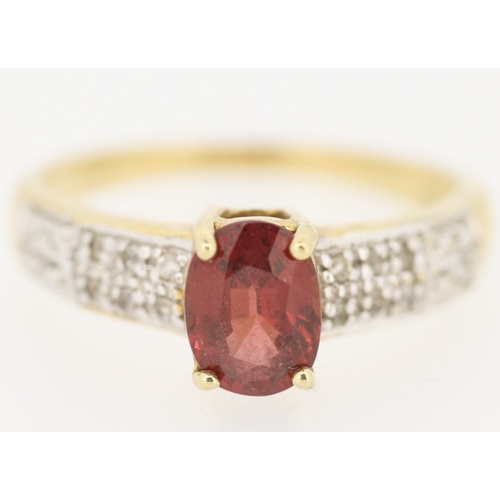 133 - Garnet Set Ring Mounted in 9 Carat Yellow Gold Further Diamond Insets to Shoulders Ring Size N