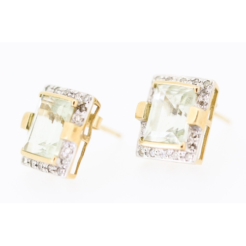 137 - Pair of Green Amethyst and Diamond Set Ladies Earrings Mounted in 9 Carat Yellow Gold 12mm High