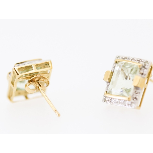 137 - Pair of Green Amethyst and Diamond Set Ladies Earrings Mounted in 9 Carat Yellow Gold 12mm High