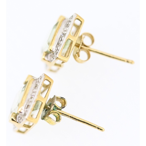 137 - Pair of Green Amethyst and Diamond Set Ladies Earrings Mounted in 9 Carat Yellow Gold 12mm High