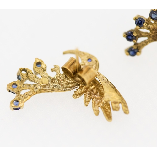 138 - Pair of Finely Detailed Sapphire Set Hummingbird Motif Earrings Mounted in 9 Carat Yellow Gold 2cm H... 