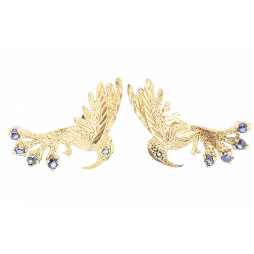 138 - Pair of Finely Detailed Sapphire Set Hummingbird Motif Earrings Mounted in 9 Carat Yellow Gold 2cm H... 