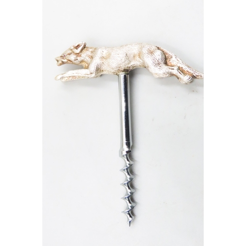 1517 - Fox Motif Silver Handled Wine Cork Screw 9cm Wide