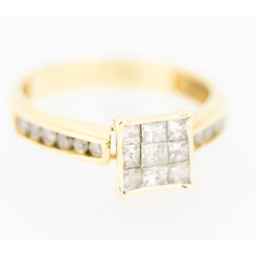 165 - Nine Princess Cut Diamond Ring Bezel Set in 9 Carat Yellow Gold with Further Round Diamonds Set to B... 