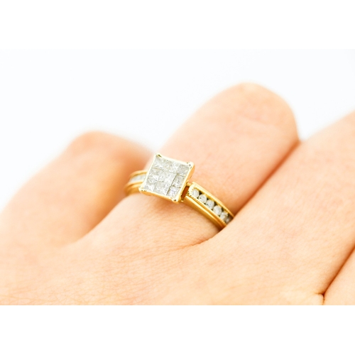 165 - Nine Princess Cut Diamond Ring Bezel Set in 9 Carat Yellow Gold with Further Round Diamonds Set to B... 