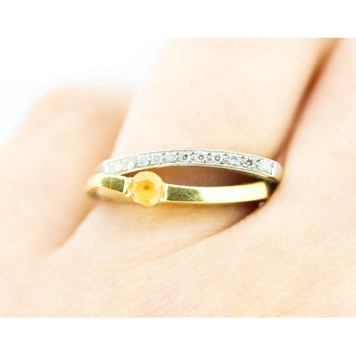 172 - Attractive Diamond and Citrine Set Ring 18 Carat Yellow and White Gold Band Ring Size Q