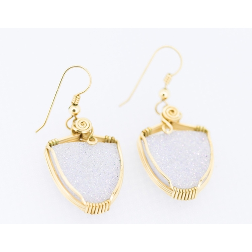 175 - Pair of Alaskan Drusy Crystal Drop Earrings Set in 9 Carat Yellow Gold 4cm Drop