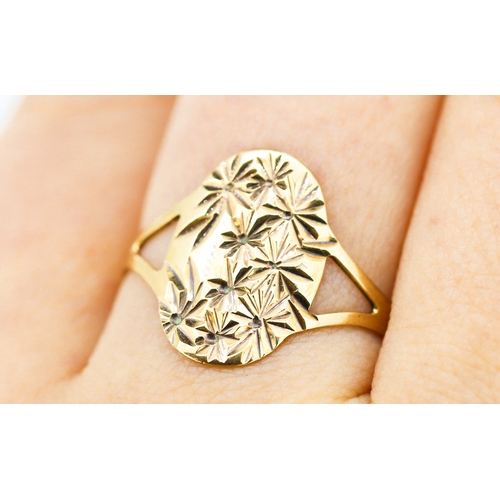 177 - 9 Carat Yellow Gold Floral Cut Design Panel Form Ring Size U