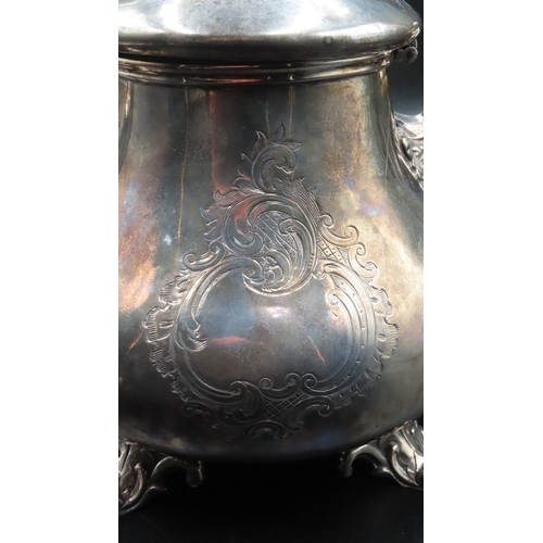 1827 - Silver Melon Form Teapot Engraved Decoration Shaped Supports Irish Approximately 20cm High