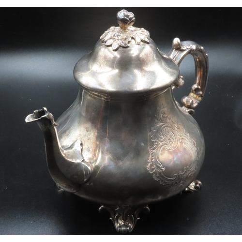 1827 - Silver Melon Form Teapot Engraved Decoration Shaped Supports Irish Approximately 20cm High