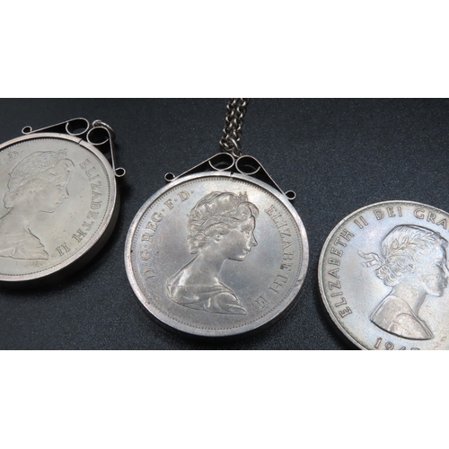 1829 - Three Silver Coins Two Mounted in Silver Pendants Frames One Mounted in Pendant with Silver Chain