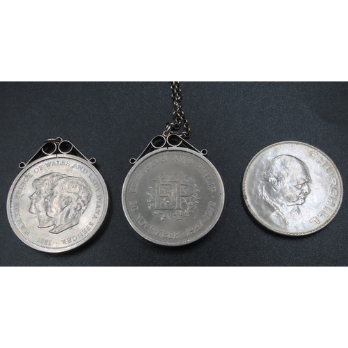 1829 - Three Silver Coins Two Mounted in Silver Pendants Frames One Mounted in Pendant with Silver Chain