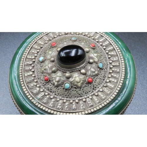 1837 - Tibetan Jade Lined Silver Alloy Desk Box Attractively Detailed Cabochon Polished Oval Gem Stone to C... 